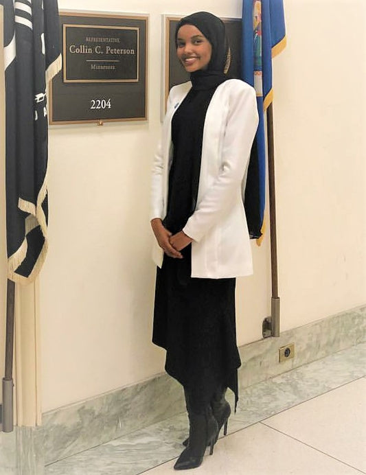 Supermodel Halima Aden in the Layo G Belt Tunnel Jacket